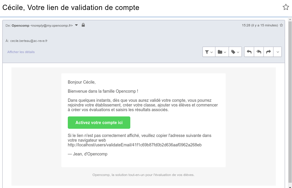 Le mail de validation de compte Opencomp.