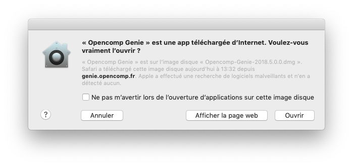 Cliquez sur &quot;Ouvrir&quot; pour lancer Opencomp Genie pour la première fois.