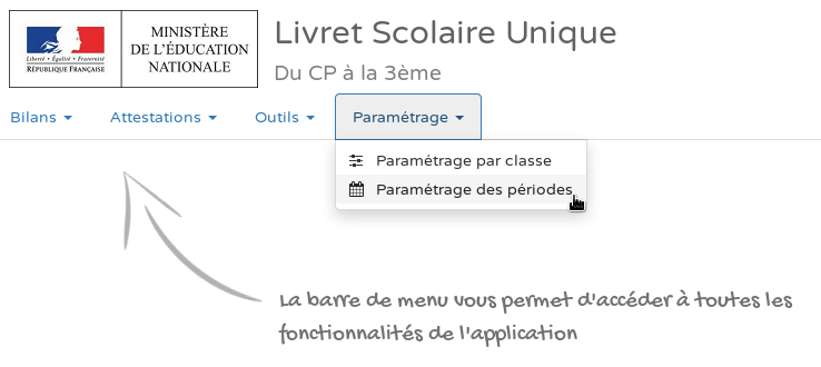 Le menu d&#39;accès de l&#39;application LSU permettant de paramétrer les périodes.